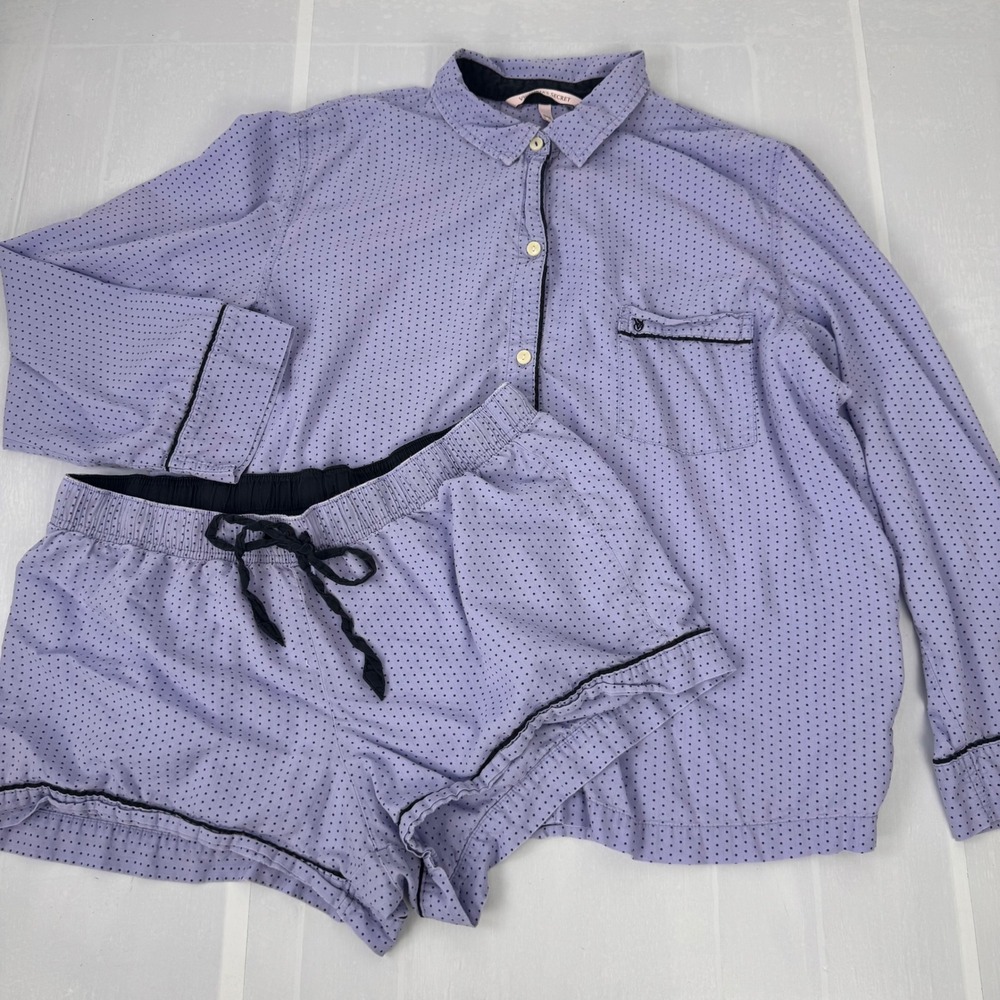 Victoria's Secret Pajama Set Women L Purple Polka Dot Cotton Modal LS & Shorts
